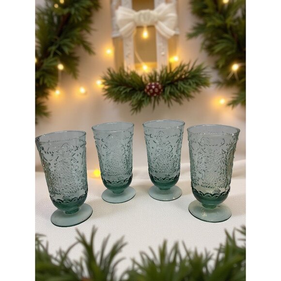 Set of 4 Mikasa Studio Nova “Holiday Cheer” Glasses  Vintage Green Textured Tumb - Picture 1 of 4